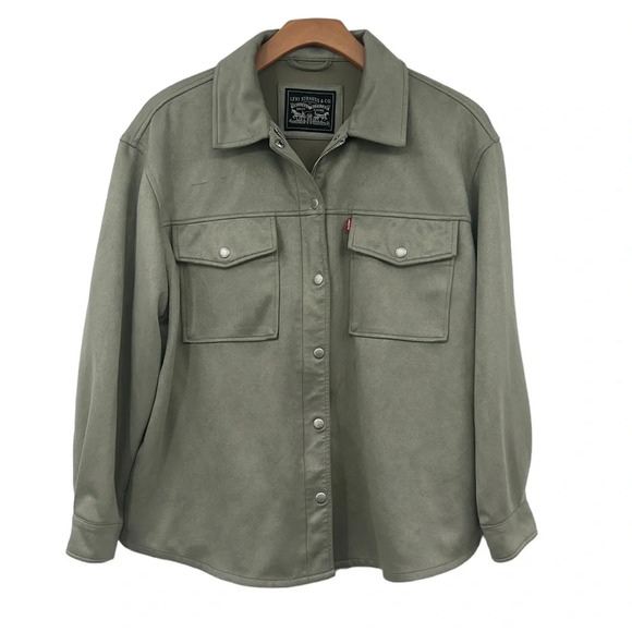 Levi’s Shirt Jacket Women’s Large Green Faux Suede‎ Zip Snap Front Microsuede - Picture 1 of 11